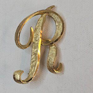 Mamselle Letter R Initial Brooch Gold Tone Monogram Script Retro Brushed Jewelry
